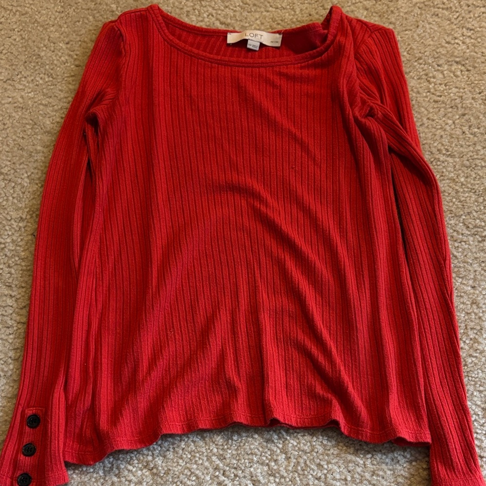LOFT Red Long Sleeve Ribbed Tee